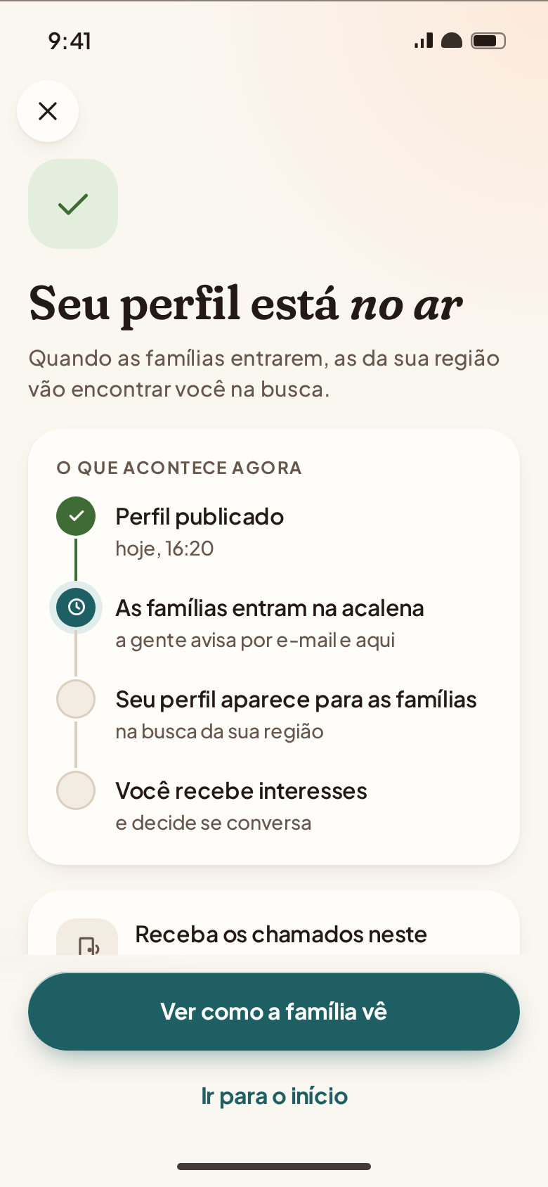 Tela do aplicativo: perfil da babá publicado, esperando as famílias entrarem.